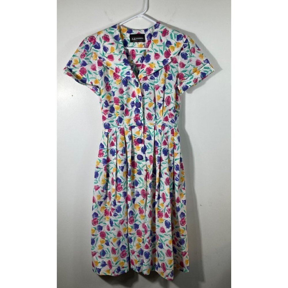 Womens Vintage SL Fashions Fit Flare Pleated Large Collar Tulip Dress 10